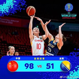 女篮世界杯：中国力克波黑2连胜    大比分47分获胜